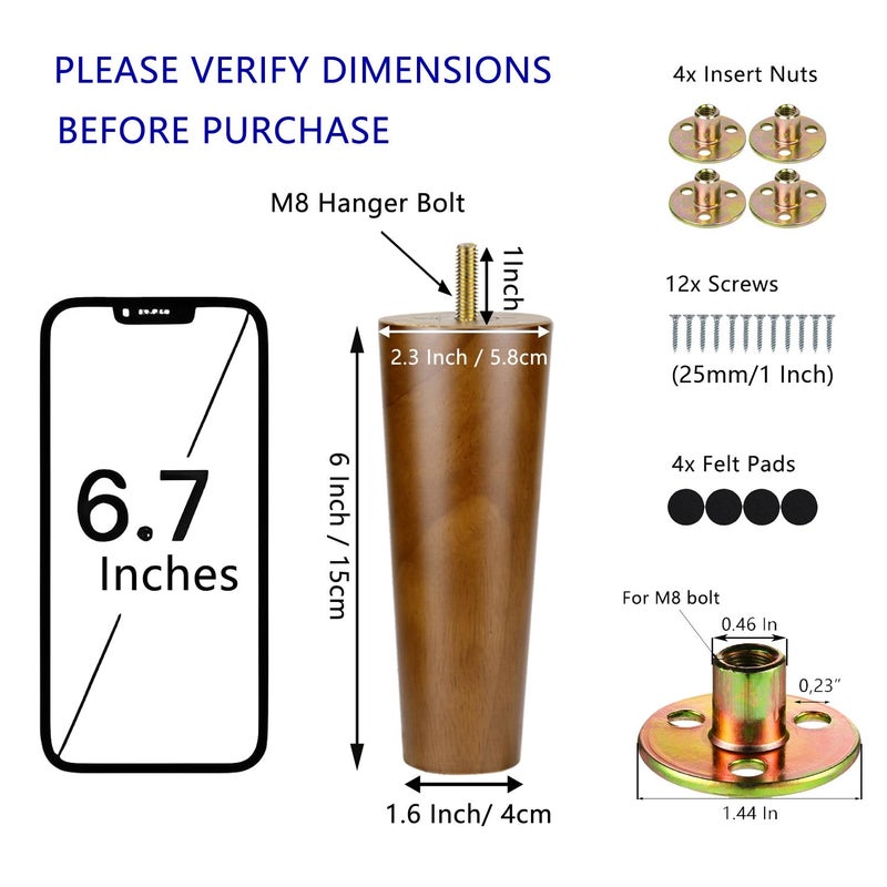 Maricome 6 Inch Wood Furniture Legs Set of 4 Replacement Feet for Cabinet Couch Chair Sofa Legs Mid Century Predrilled M8 Bolt with Mounting Nuts and Screws - Image 2